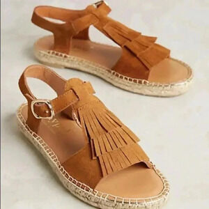 Anthropologie maypol kiltie fringed espadrille sandals 37 honey suede shoes 6.5